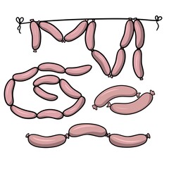 A set of pictures, various delicious pink sausages, vector illustration in cartoon style