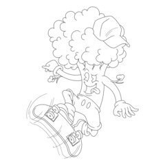 Coloring illustration of cartoon skateboarder tree doing freestyle