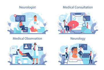 Neurologist concept set. Doctor examine and treat human brain