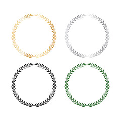 Set of four laurel wreaths in the form of a semicircular. Leaves and branches in black, gold, silver and green. Vector illustration for design.