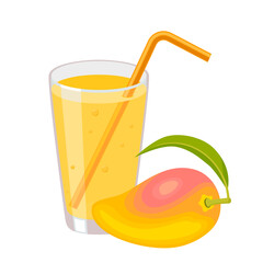 Mango juice in a glass with tube for drinking. Healthy organic  fresh drink icon. Tropical fruit. Vector illustration in flat style isolated on white. Taking natural vitamins. 
