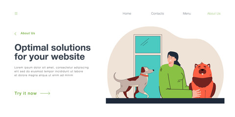 Naklejka na ściany i meble Female character patting dog at home. Woman spending time with her pets flat vector illustration. Pet care, lifestyle, friendship, daily routine concept for banner, website design or landing web page