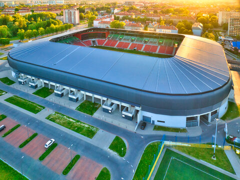 Tychy May 15, 2022, City Stadium in Tychy, GKS Tychy shot from a drone. Aerial view stadium with the setting sun. Football and stadiums concept.