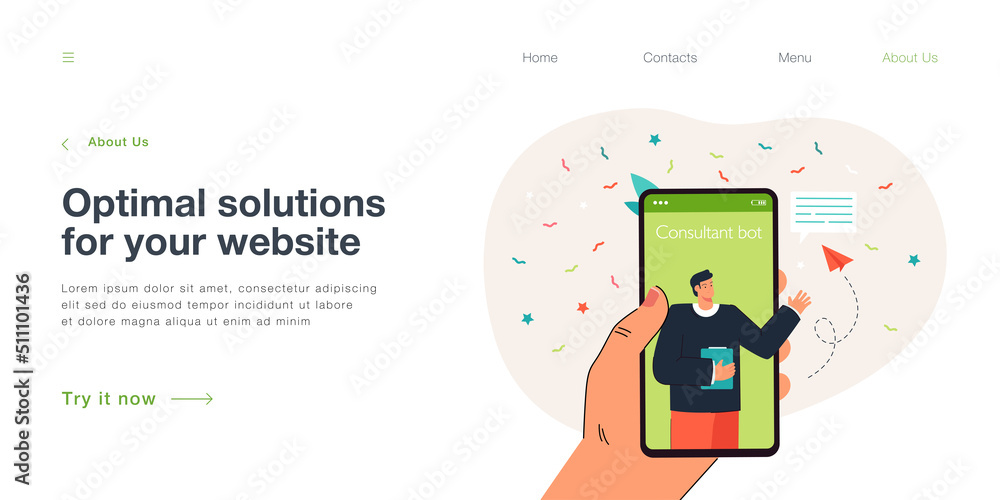 Poster hand of user holding mobile phone with consultant on screen. call center chat bot advising person fl