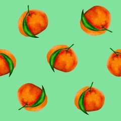 Beautiful pattern of bright tangerines on a green background. Background of citrus fruits for your design.