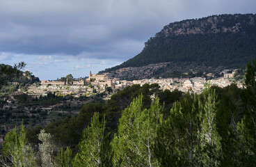 Fototapeta na wymiar Balldemossa, beautiful view of this charming town, with its church of Sant Bartomeu and in the background the imposing Sierra de Tramuntana