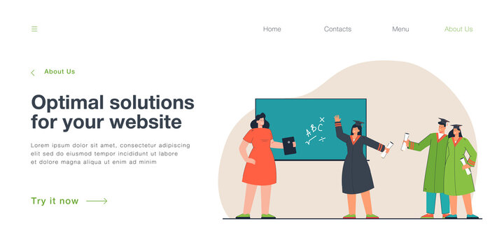 Graduating students and lecturer standing near blackboard. Happy former students visiting their teacher flat vector illustration. Education concept for banner, website design or landing web page