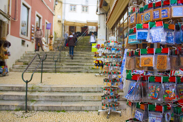 Traditional Portuguese souvenirs for sale on display in the Old Town of Coimbra, Portugal