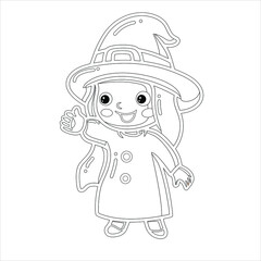 Sweet girl in witch Coloring page , 
Cute chibi kawaii Witch  characters , cute girl vector Illustration 
