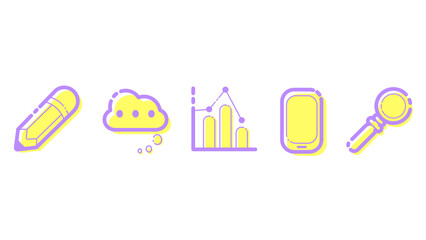 A set of icons including pencil icon, communication cloud, graph or chart or data insight icon, phone, lens