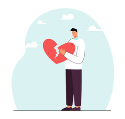 Man holding broken heart. Sad male character with symbol of lost love. Sadness, emotion concept for website or landing page