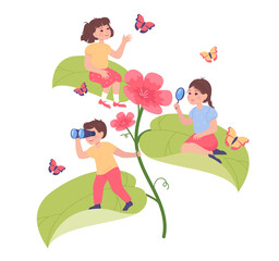 Happy children exploring nature. Preschool boy and girls looking at plants and butterflies. Childhood, nature, learning, curiosity concept for website or landing page