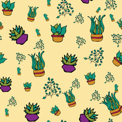 Vector white background plant in pot, succulents seamless pattern. Seamless pattern background