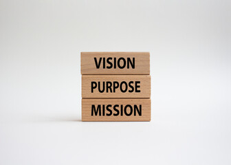 Vision Purpose Mission symbol. Concept word Vision Purpose Mission on wooden blocks. Beautiful white background. Business and Vision Purpose Mission concept. Copy space.