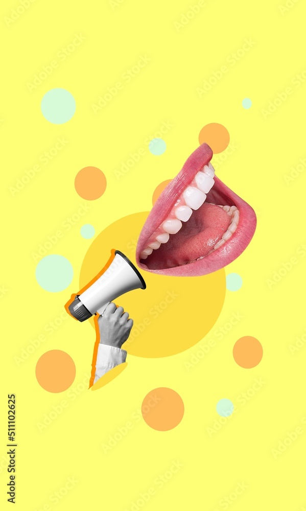 Poster Human hand with megaphone and female open mouth. Modern design, contemporary art collage. Inspiration, idea, trendy urban magazine style.