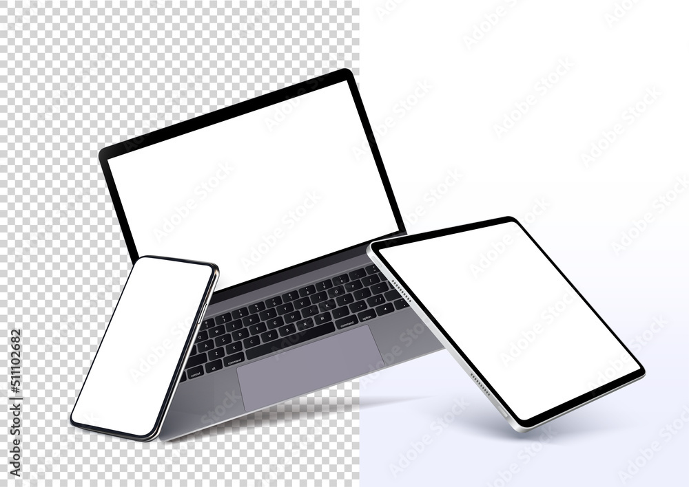 Poster gadget realistic layouts - smartphone, tablet, laptop with a blank screen for your design. layouts o