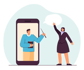 Woman taking online lessons. Man in mobile phone giving lesson to woman in suit. Education, technology concept for website or landing page concept for website or landing page