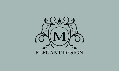 Vintage elegant logo with the letter M in the center. Calligraphic elegant ornament. Business sign, identity monogram for restaurant, boutique, hotel, heraldic, jewelry.