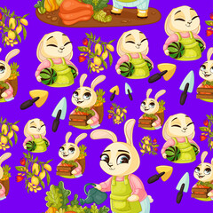 Cute spring seamless pattern on purple background with cute gardening bunnies, delicious lemons, and cute gardening tools. Texture for scrapbooking, wrapping paper, invitations. Vector illustration.