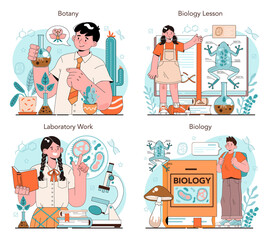 Fototapeta premium Biology school subject concept set. Students exploring nature