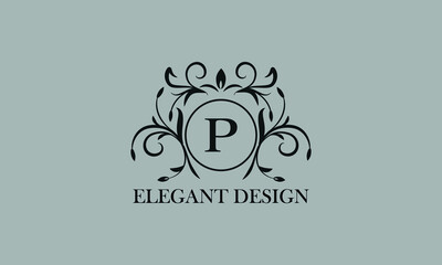 Vintage elegant logo with the letter P in the center. Calligraphic elegant ornament. Business sign, identity monogram for restaurant, boutique, hotel, heraldic, jewelry.