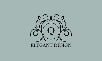 Vintage elegant logo with the letter Q in the center. Calligraphic elegant ornament. Business sign, identity monogram for restaurant, boutique, hotel, heraldic, jewelry.