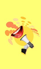 Human hand with megaphone and female open mouth. Modern design, contemporary art collage. Inspiration, idea, trendy urban magazine style.