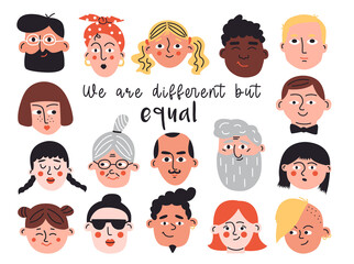 Set of abstract doodle faces. Hand drawn portraits of people of different nationalities, ethnicities, age and gender. Funny colorful characters. Collection of vector men and women icons