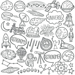 Astronomy Doodle Icons. Hand Made Line Art. Space Astronaut Clipart Logotype Symbol Design.