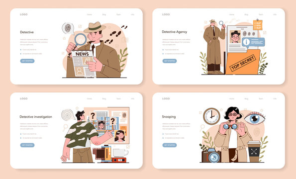 Professional detective web banner or landing page set. Agent investigating