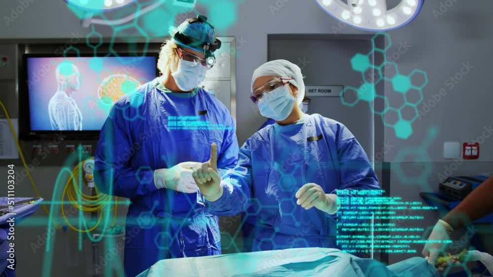 Poster animation of scientific data processing and chemical structures over diverse surgeons operating