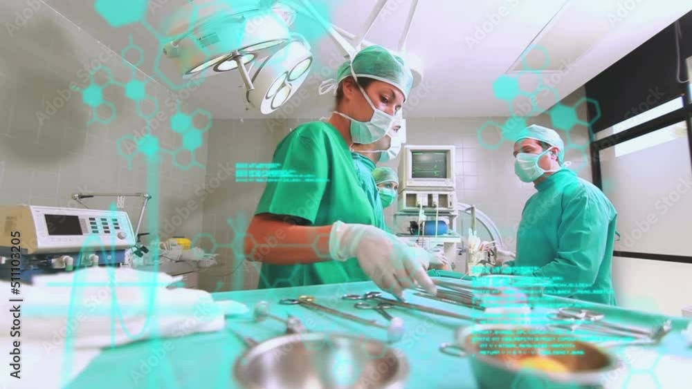 Poster animation of scientific data processing and chemical structures over diverse surgeons operating