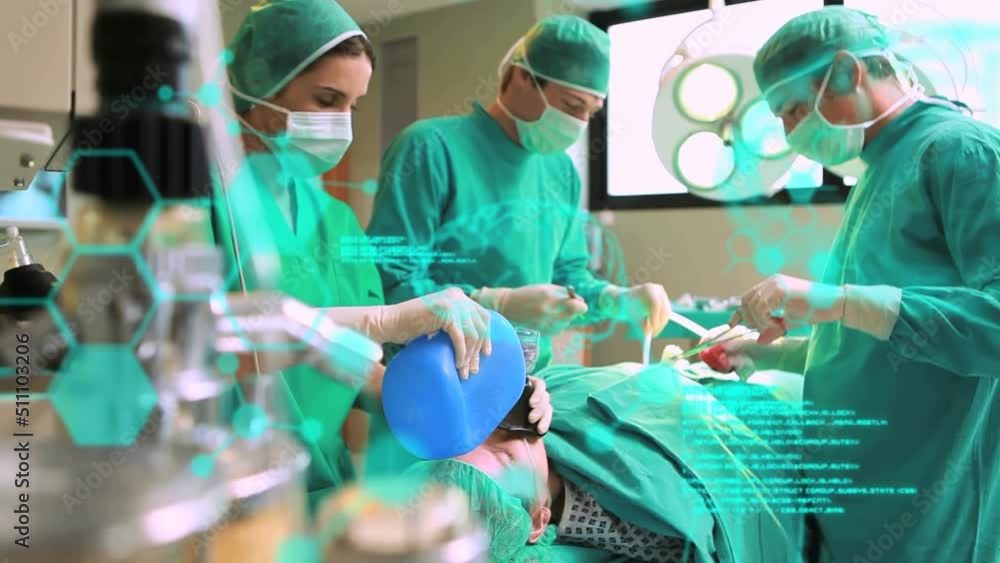 Aufkleber animation of scientific data processing and chemical structures over diverse surgeons operating