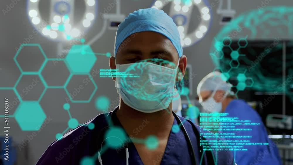 Poster animation of scientific data processing and chemical structures over diverse surgeons operating