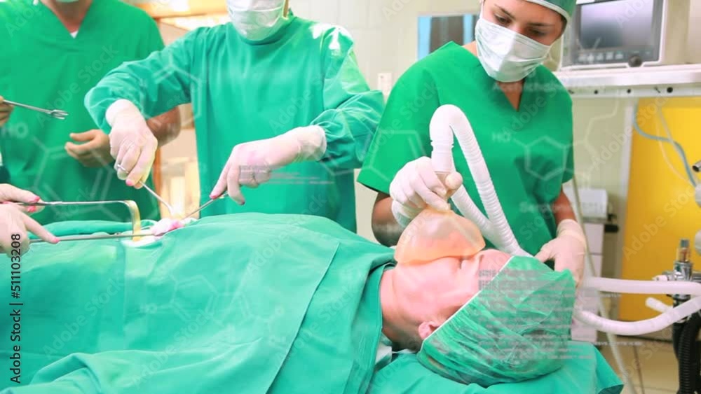 Poster animation of scientific data processing and chemical structures over diverse surgeons operating