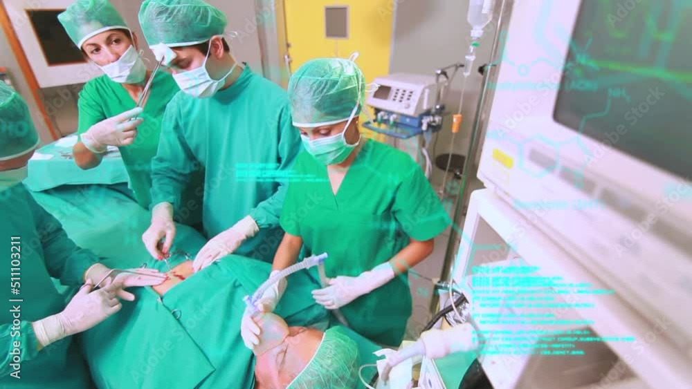 Poster animation of scientific data processing and chemical structures over diverse surgeons operating