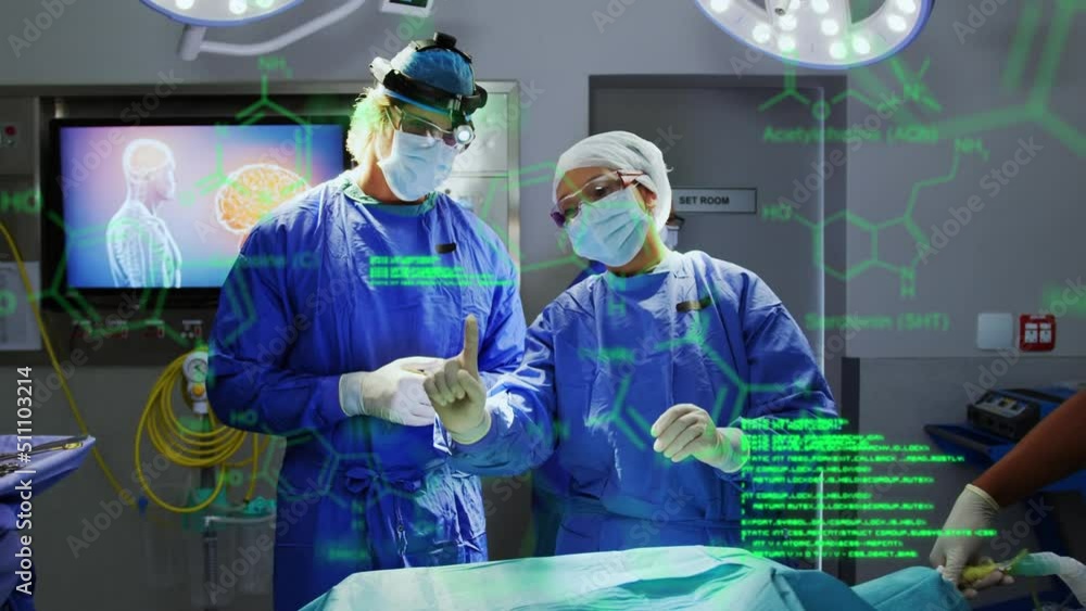 Poster animation of scientific data processing and chemical structures over diverse surgeons operating