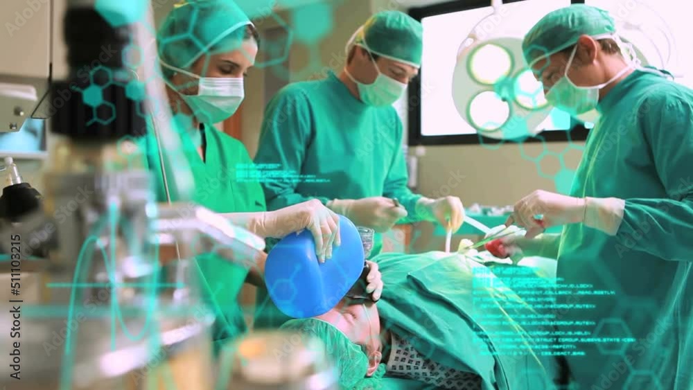 Poster animation of scientific data processing and chemical structures over diverse surgeons operating