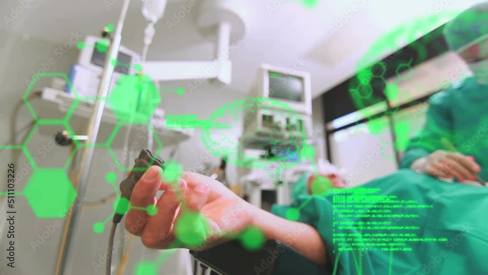 Aufkleber animation of scientific data processing and chemical structures over surgeon operating
