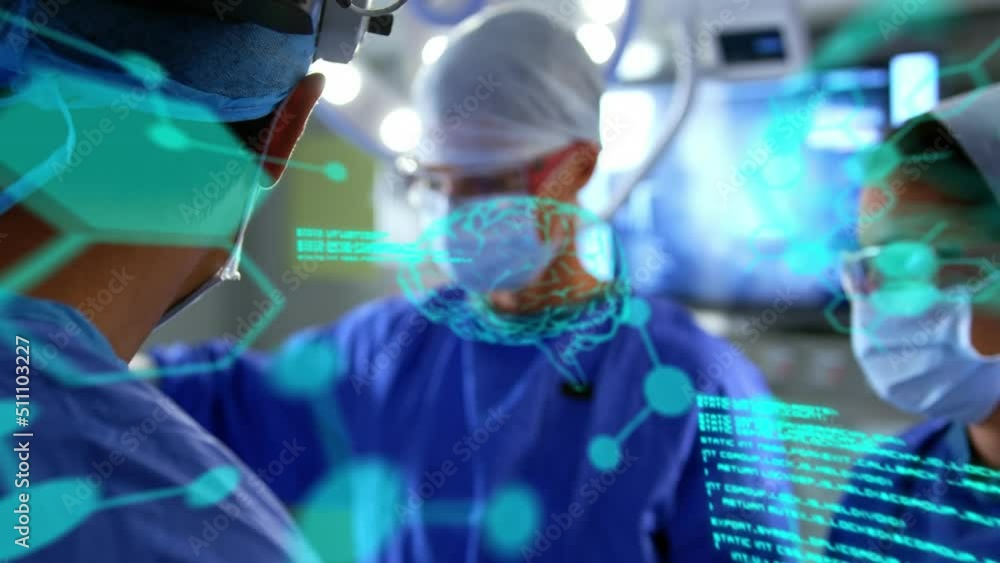 Poster animation of scientific data processing and chemical structures over diverse surgeons operating