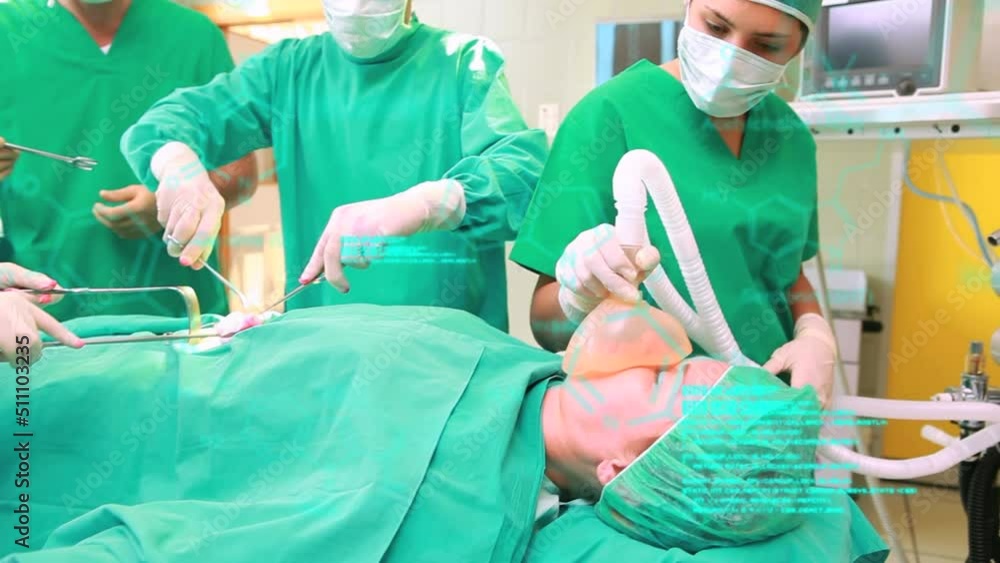 Poster animation of scientific data processing and chemical structures over diverse surgeons operating