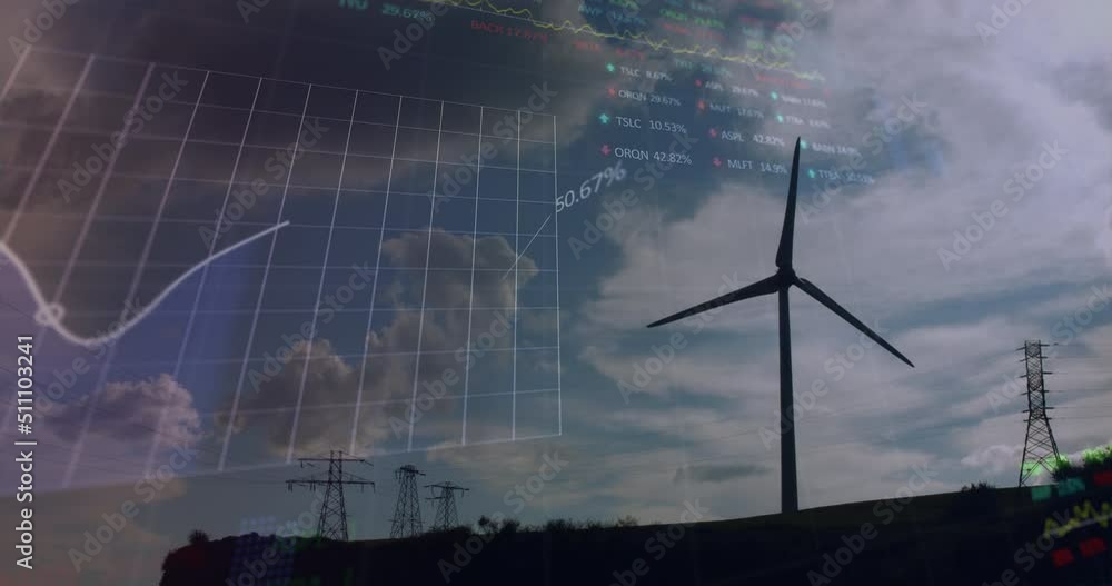 Poster animation of financial data processing over wind turbine