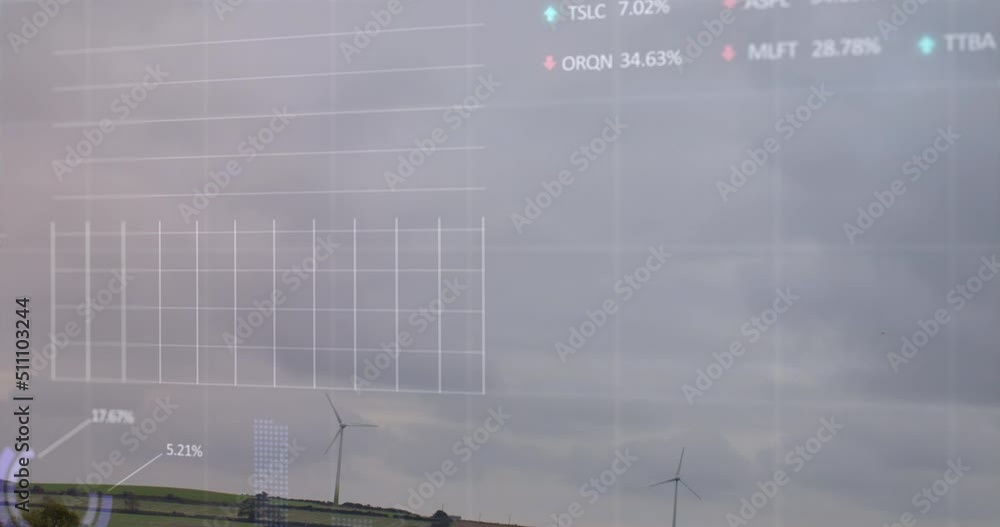 Poster animation of financial data processing over wind turbines
