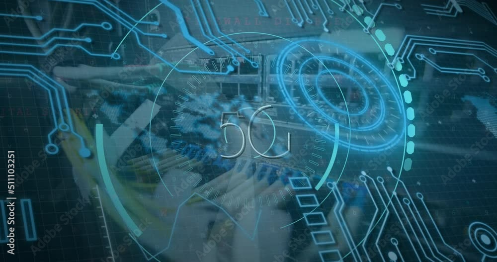 Poster animation of 5g, data processing over caucasian female it engineer fixing cables of computer server