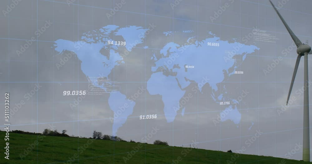 Aufkleber animation of financial data processing and world map over wind turbine