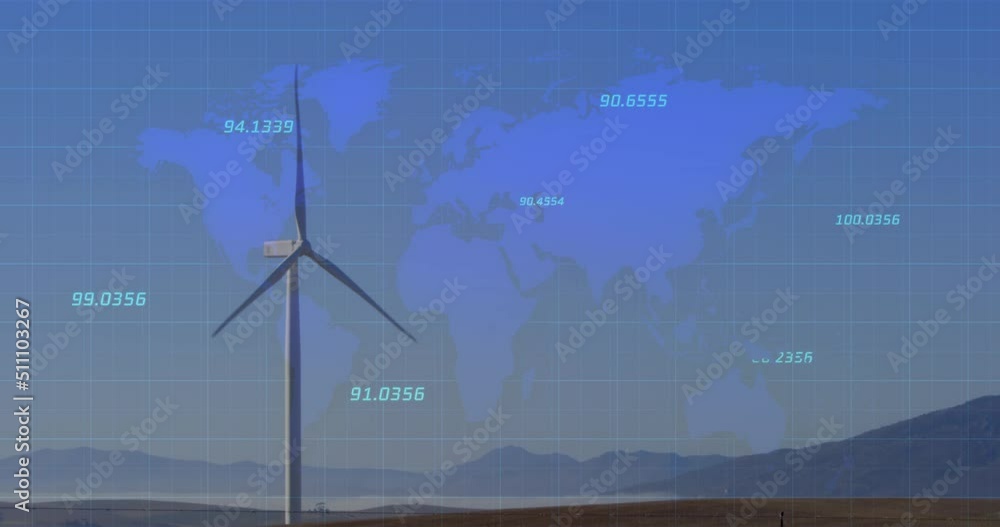 Aufkleber animation of financial data processing over world map and wind turbine