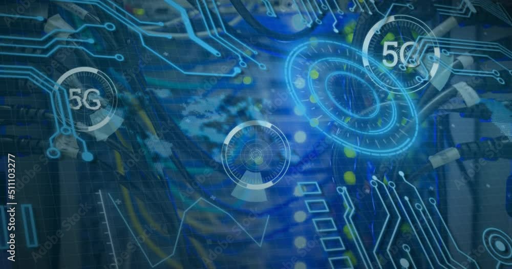 Poster animation of data processing and 5g text over cables of computer server