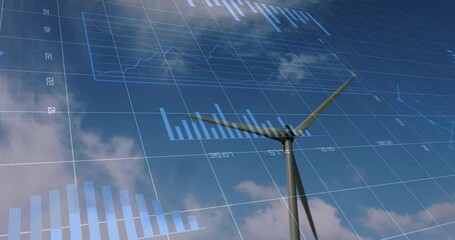 Animation of financial data processing over wind turbine - Powered by Adobe