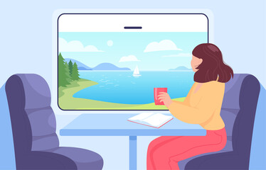 Woman looking from train window. Female character drinking tea, reading and enjoying ocean sights in summer. Transport, travelling, vacation concept for website or landing page