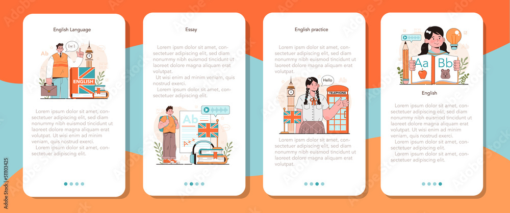 Poster english class mobile application banner set. study foreign languages
